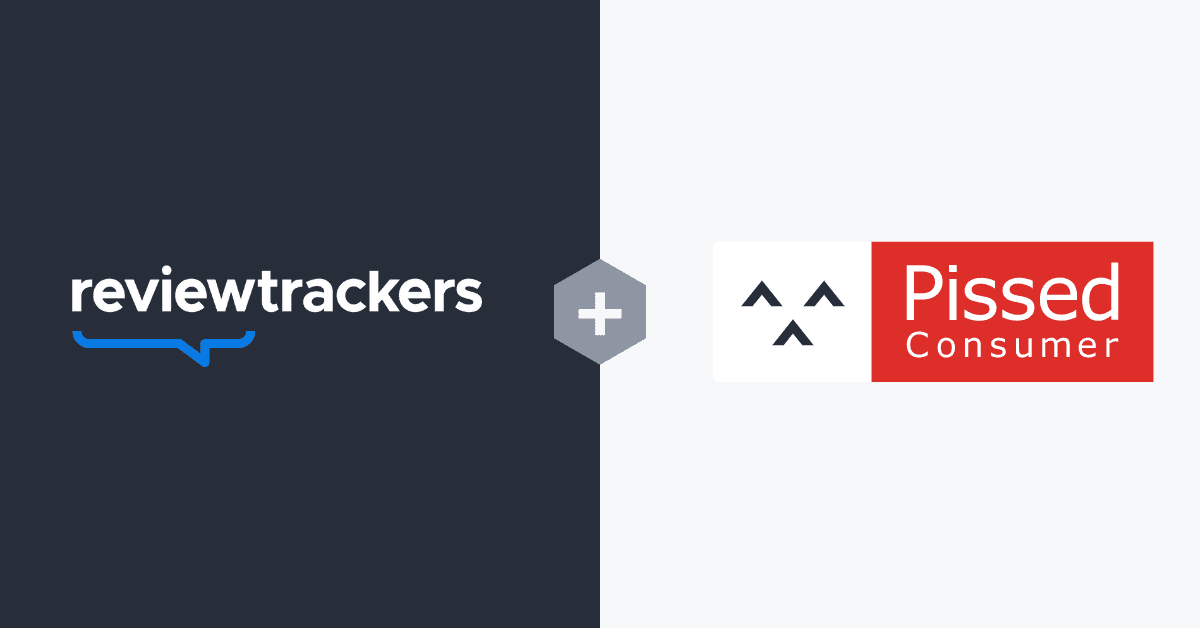 a graphic showing the partnership between reviewtrackers and pissed consumer