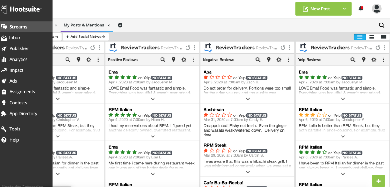a screenshot showing the ReviewTrackers extension on Hootsuite