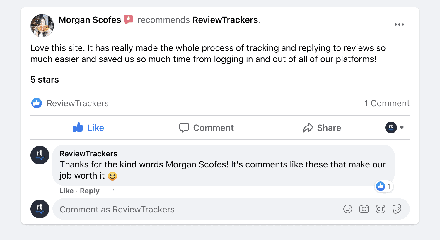 An example of a Recommendation on Facebook and the business Page