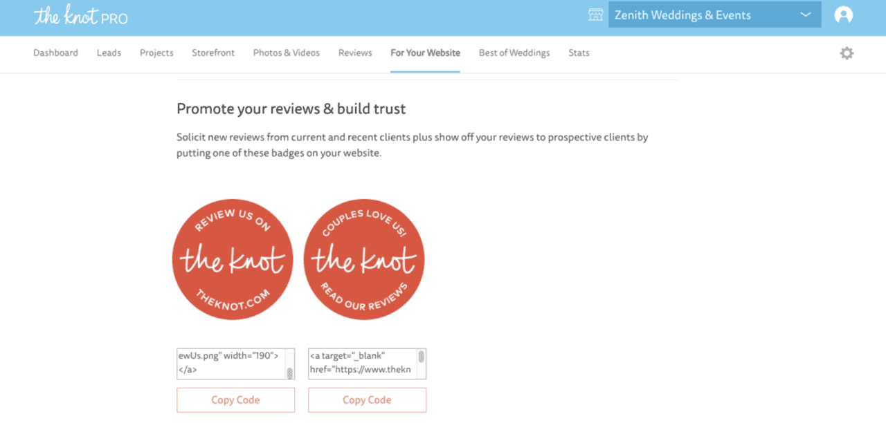 A screenshot of the page with the HTML code for displaying the Knot reviews on your website
