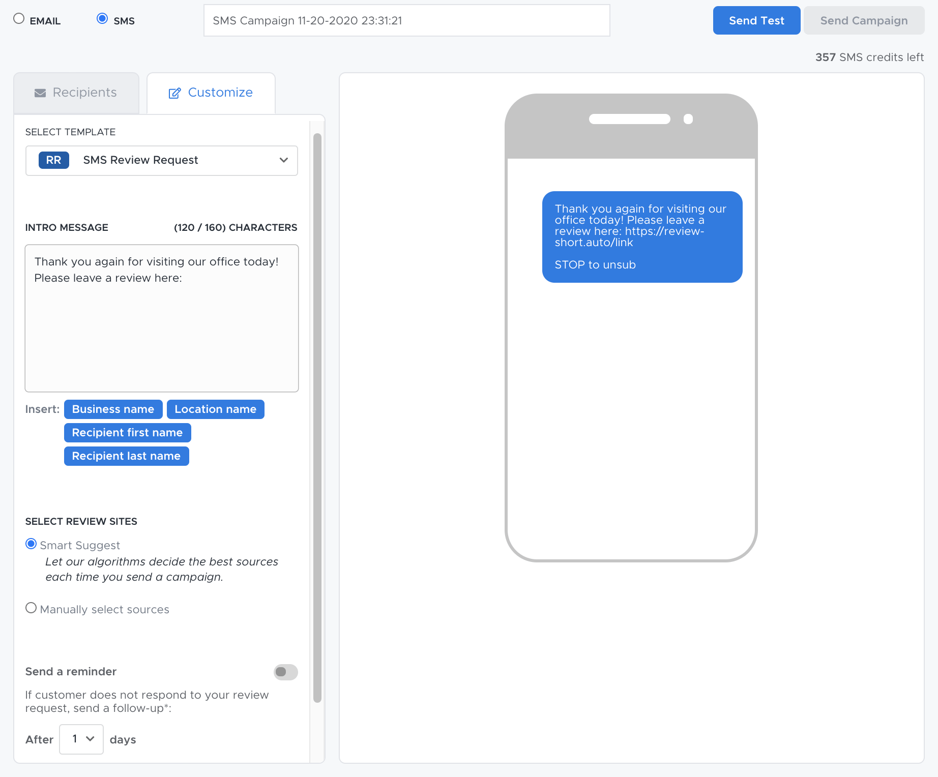 SMS質問ツールテンプレート画面