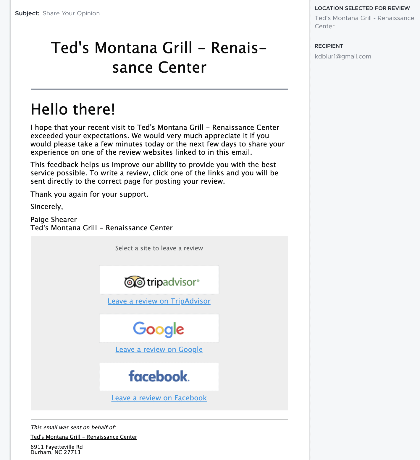 Request Reviews Email Ted's Montana Grill