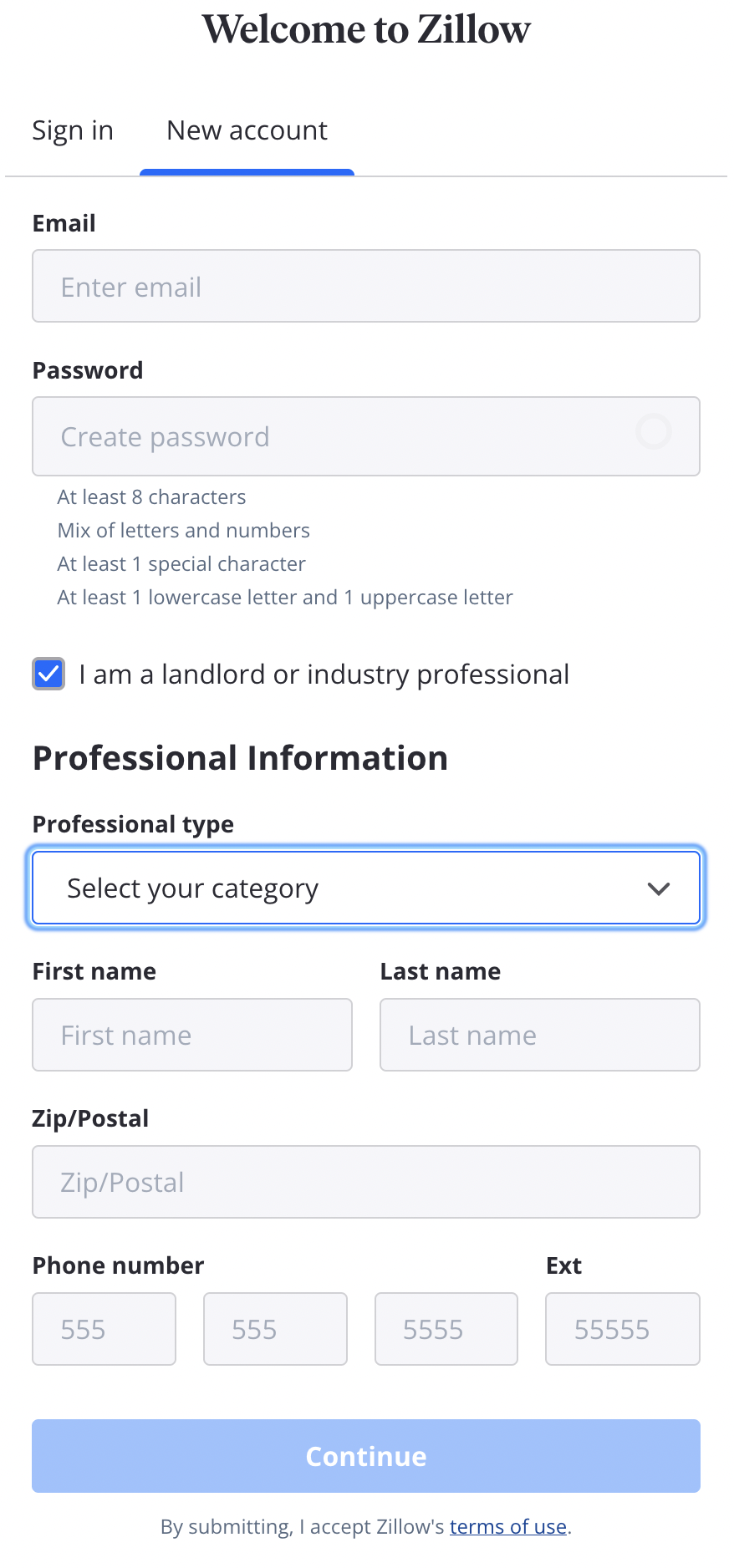 a screenshot of the zillow new account creation page