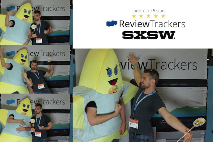Rob Zaleski takes a picture with the ReviewTrackers star mascot at SXSW.