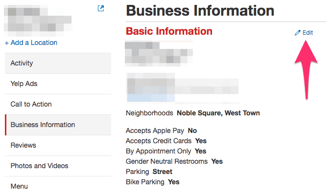edit menu yelp business account