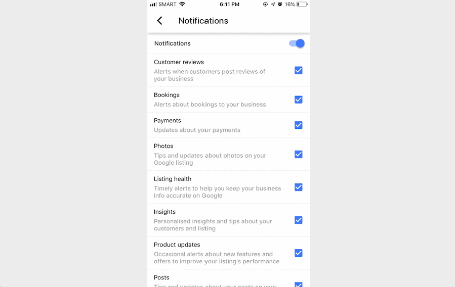 gmb notifications settings