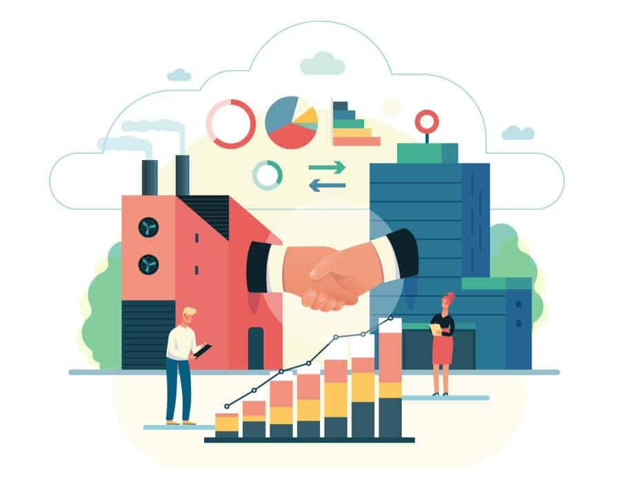 illustration concept of b2b - a factory and a corporate building shaking their hands