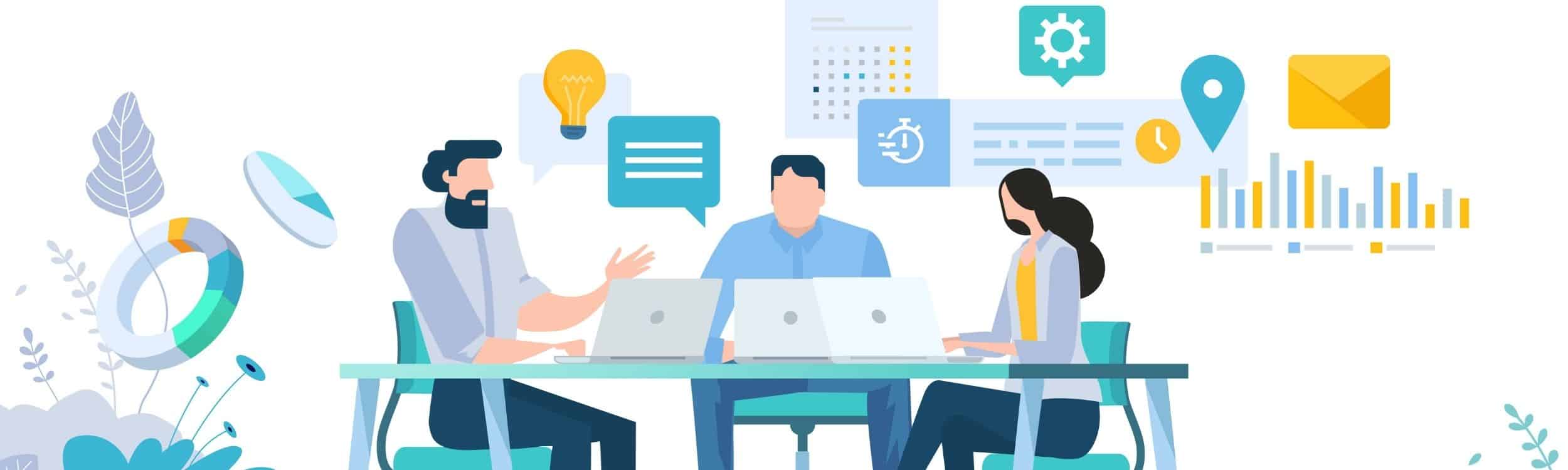 a group of people huddled at a desk brainstorming new agency solutions for clients