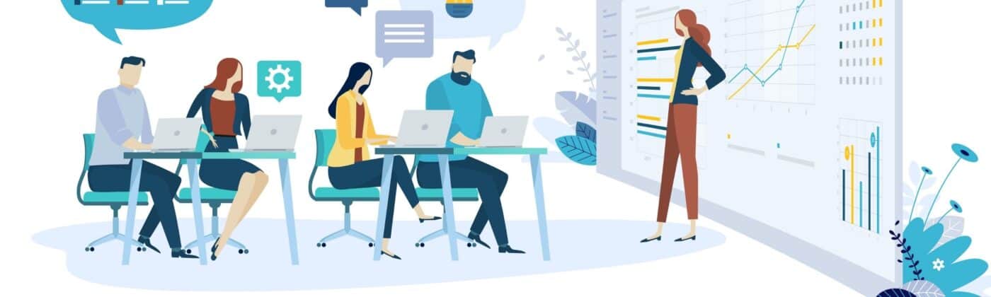 an illustration of a group of people discussing brand development strategies