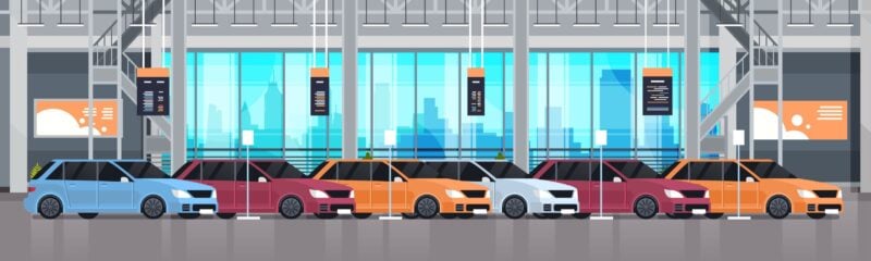 an illustration of mulitple cars parked in a showroom