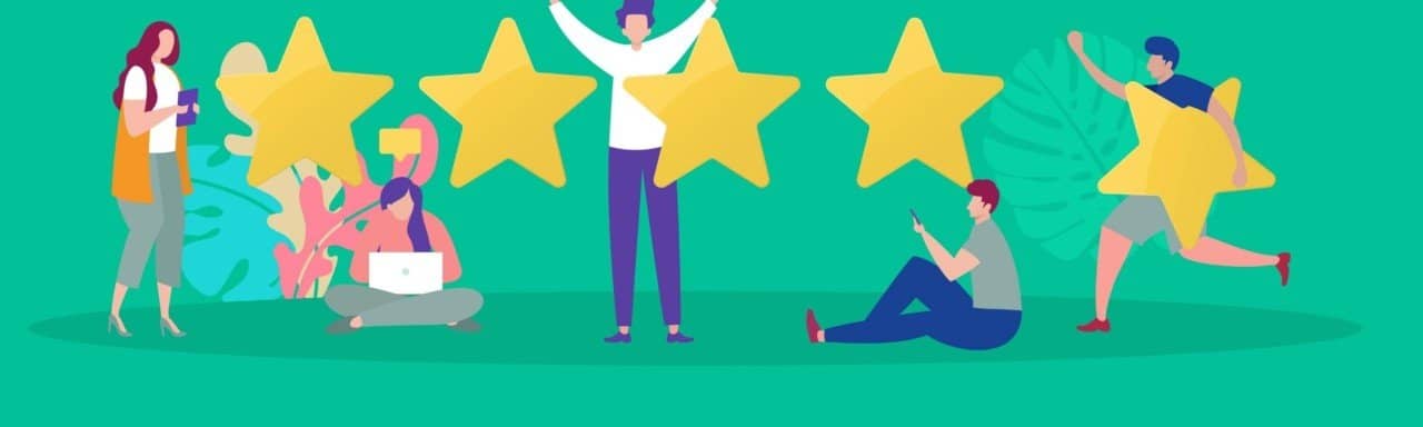 a group of people next to star ratings to describe the customer experience in marketing