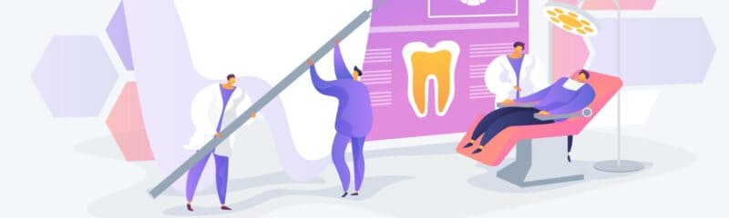 an illustration of dentists working on a large teeth