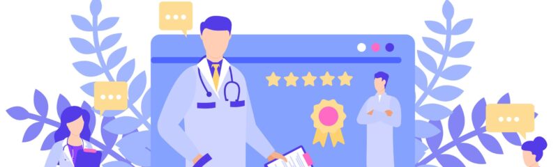 an illustration of a doctor in front of a web page full of awards with people next to the doctor talking in speech bubbles