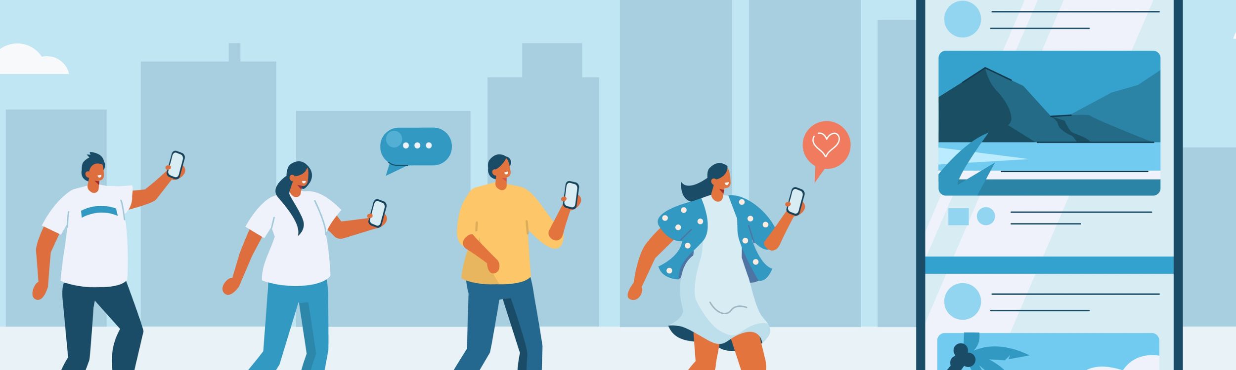 an illustration of multiple people with smartphones looking at a giant smartphone with images on it