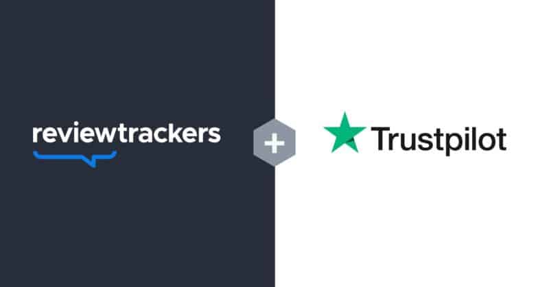 a graphic of the reviewtrackers and trustpilot logos to signify their new partnership