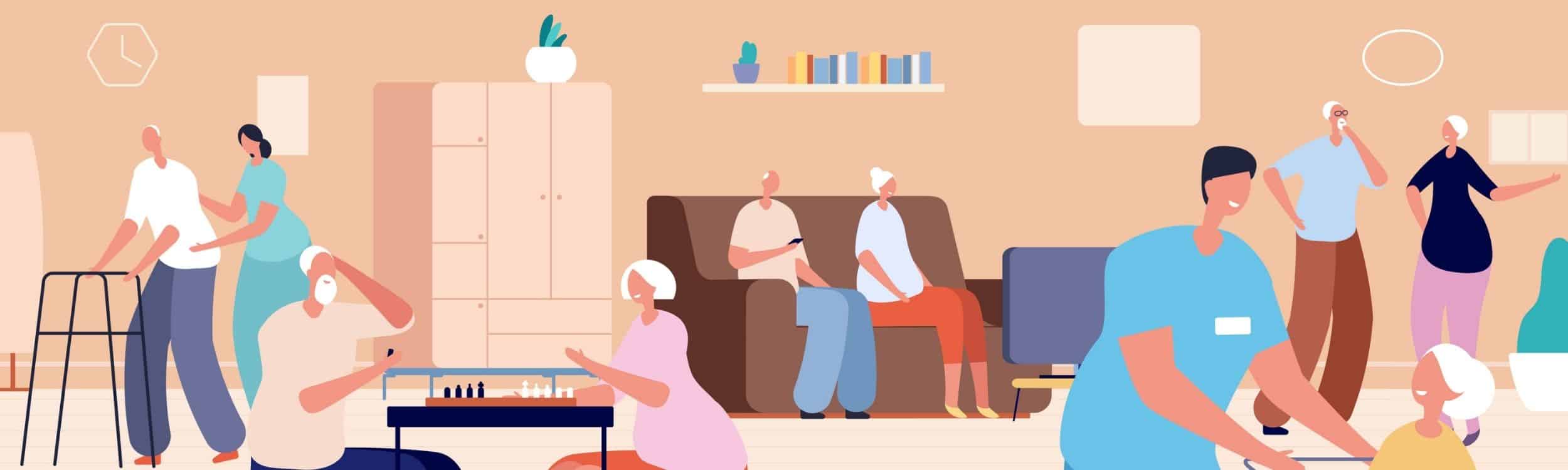 an illustration of a senior living center with people lounging and walking around