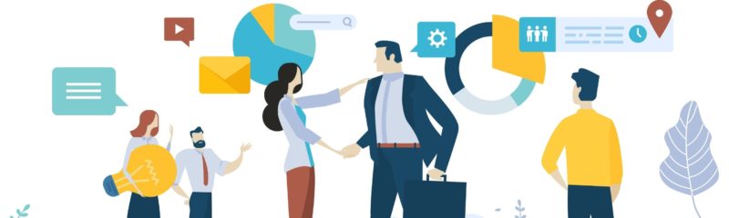 two people shaking hands in front of various symbols of seo reputation management