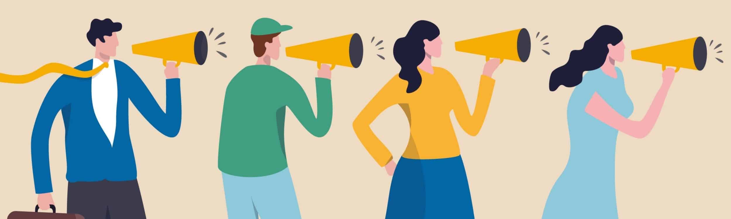 an illustration of 4 people with bullhorns to show the importance of word of mouth marketing