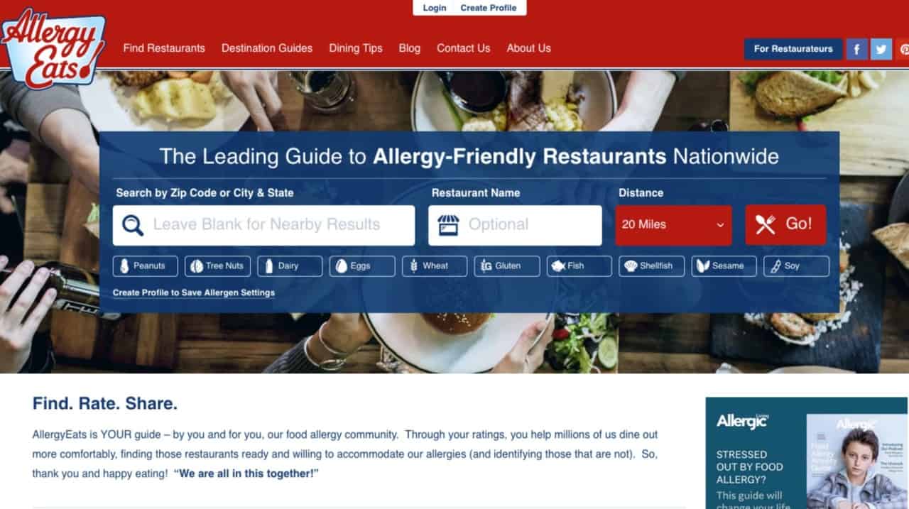 a screenshot of the allergyeats home page