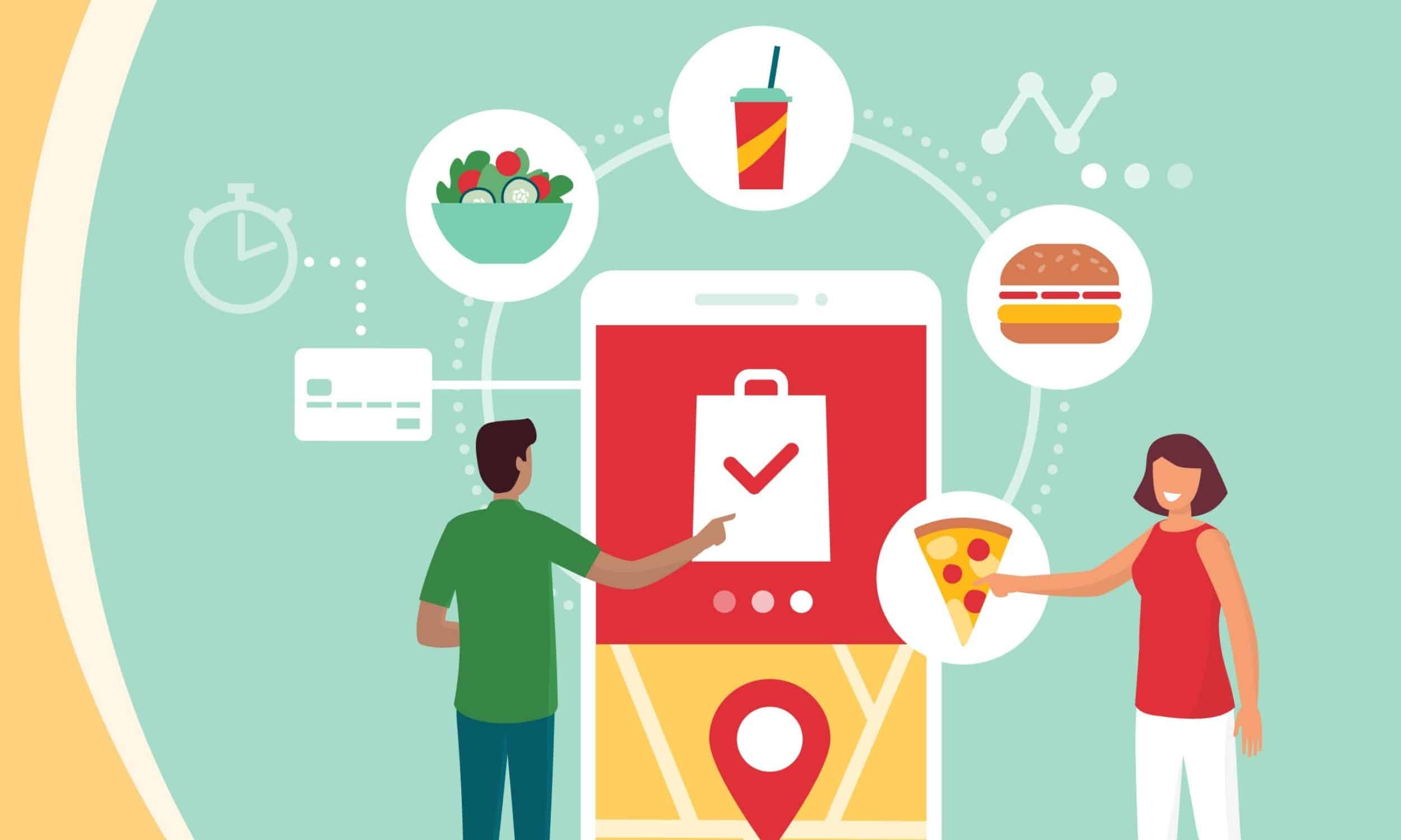 an illustration of two people using online ordering via a smartphone, which is vital to customer satisfaction in the restaurant industry