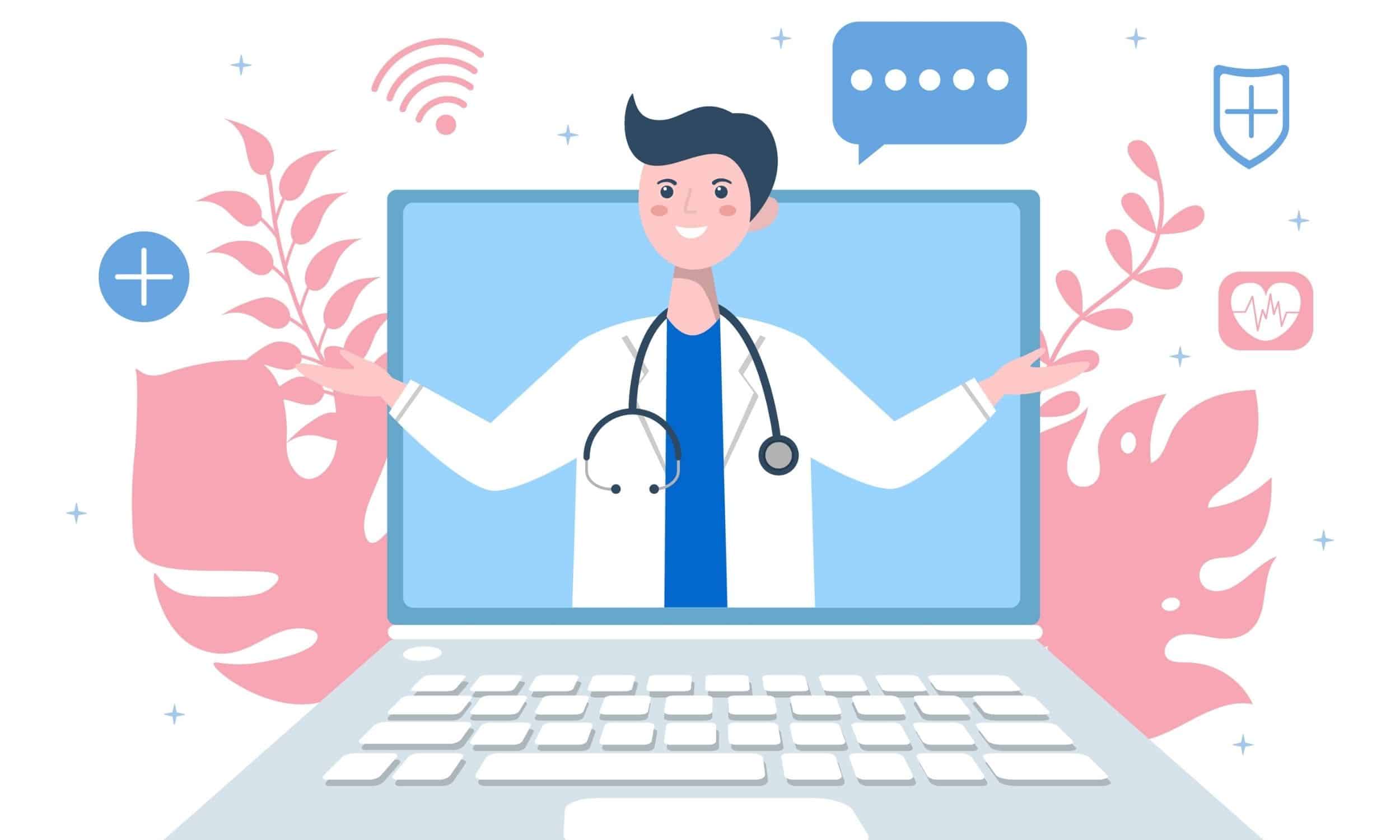 an illustration of a doctor on a computer screen to illustrate the importance of doctor review sites