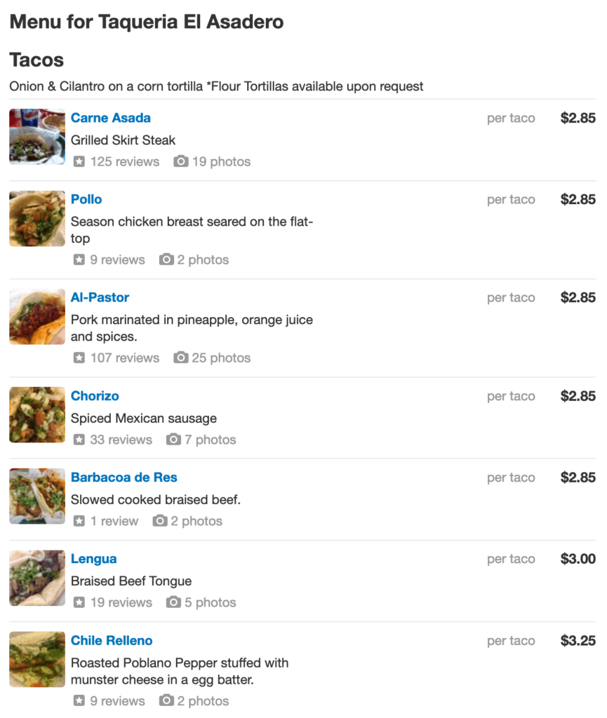 an image of a menu on a yelp listing