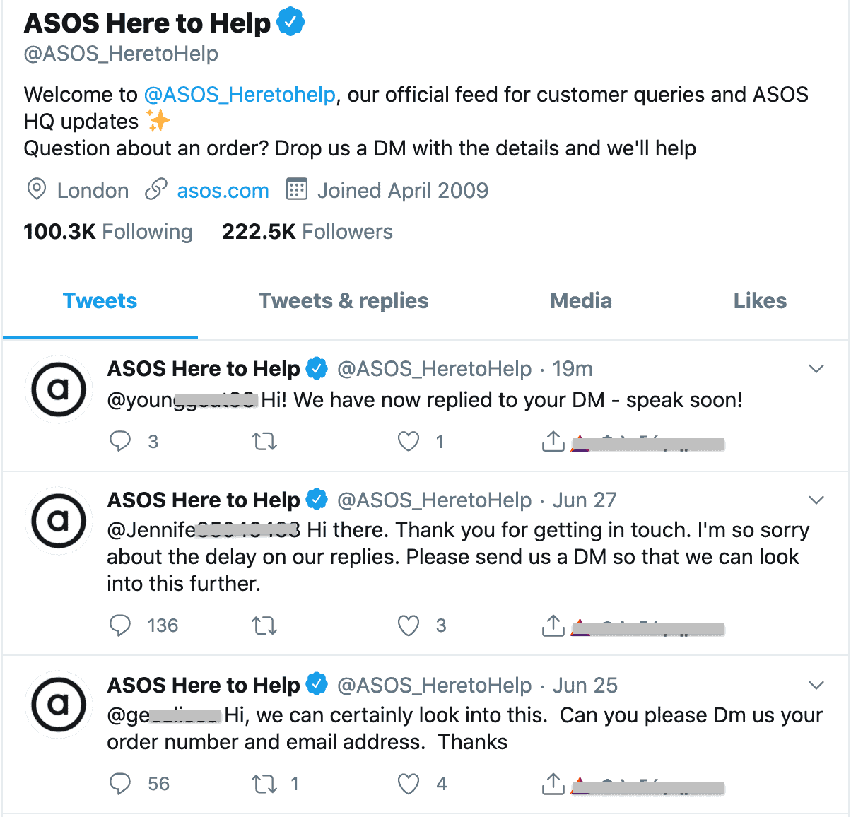 a screenshot of the asos help twitter account