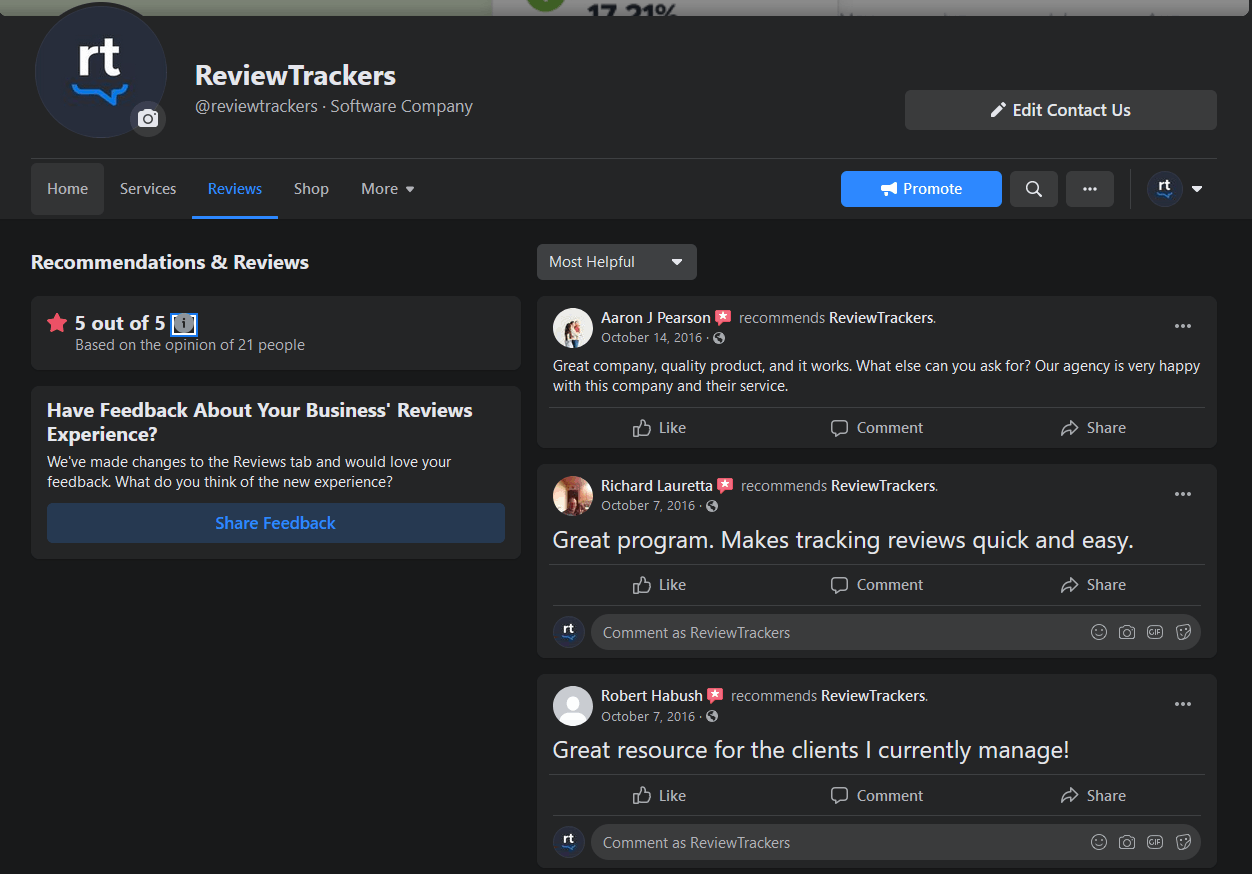 a screenshot of the review page on the ReviewTrackers Facebook page