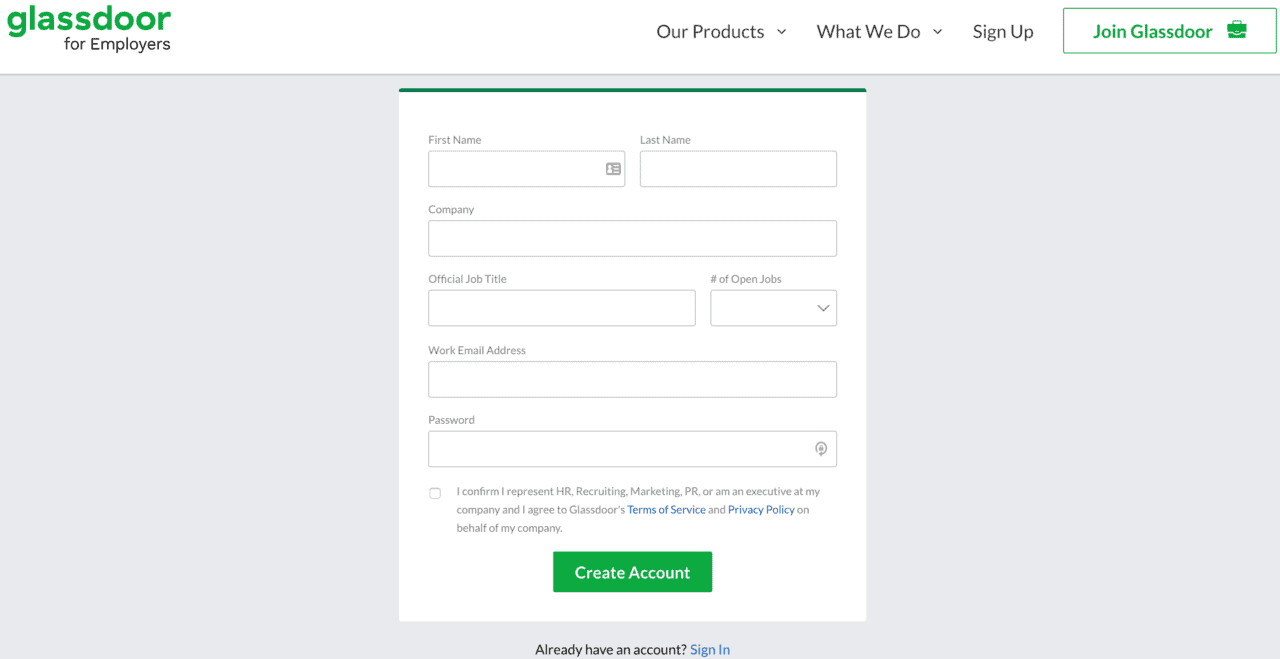 a screenshot of the signup page on the glassdoor for employers site