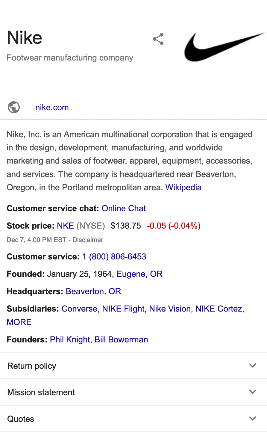 a screenshot of the nike google knowledge panel