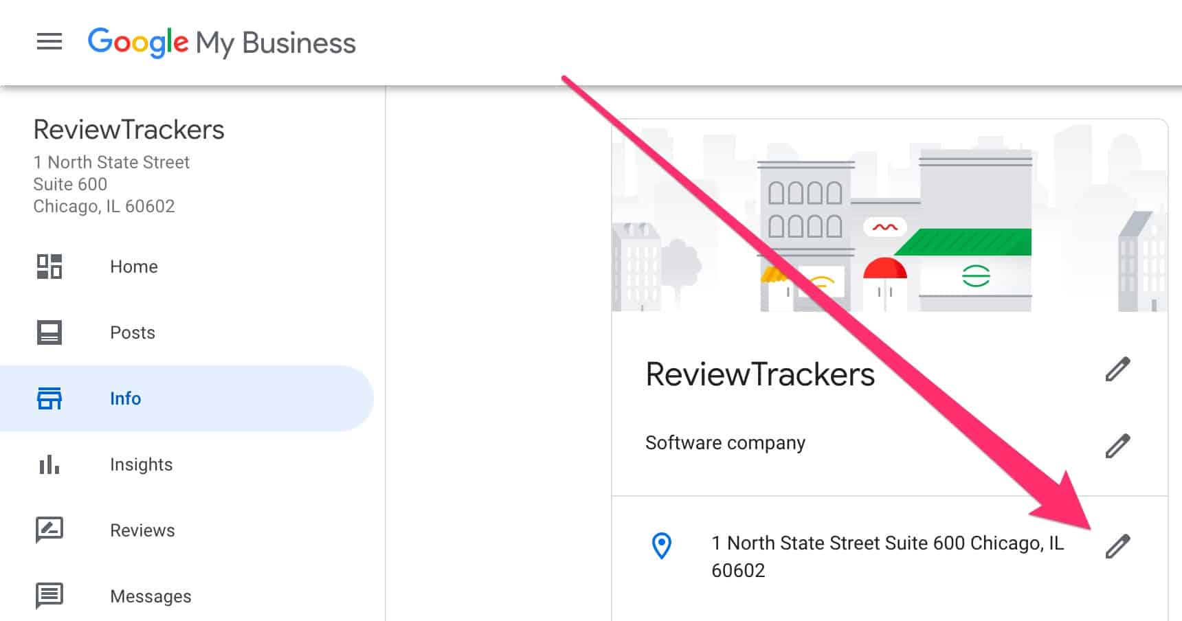 a screenshot of a google my business listing showing where you can change the address if you don't see google reviews showing up on your listing