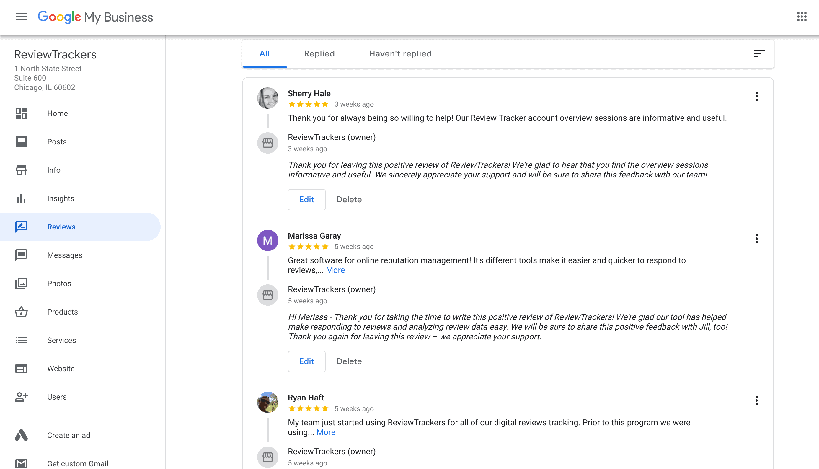 a screenshot of the reviews page on a google my business account