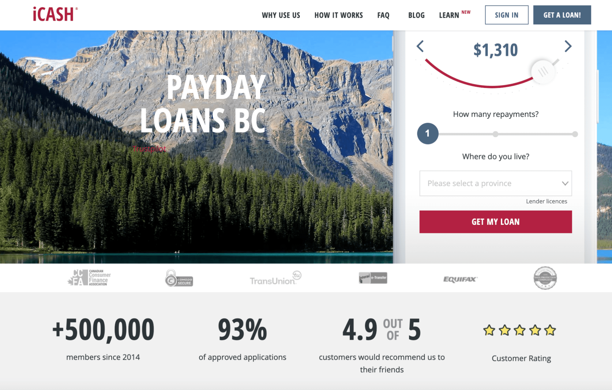 an image of a landing page featuring a mountain for a payday loans site