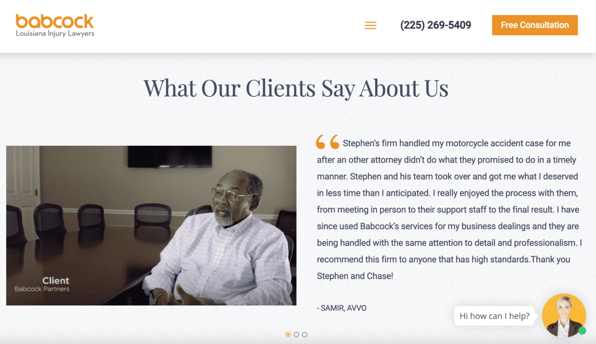 a screenshot of a testimonial page with a man talking about their lawyer