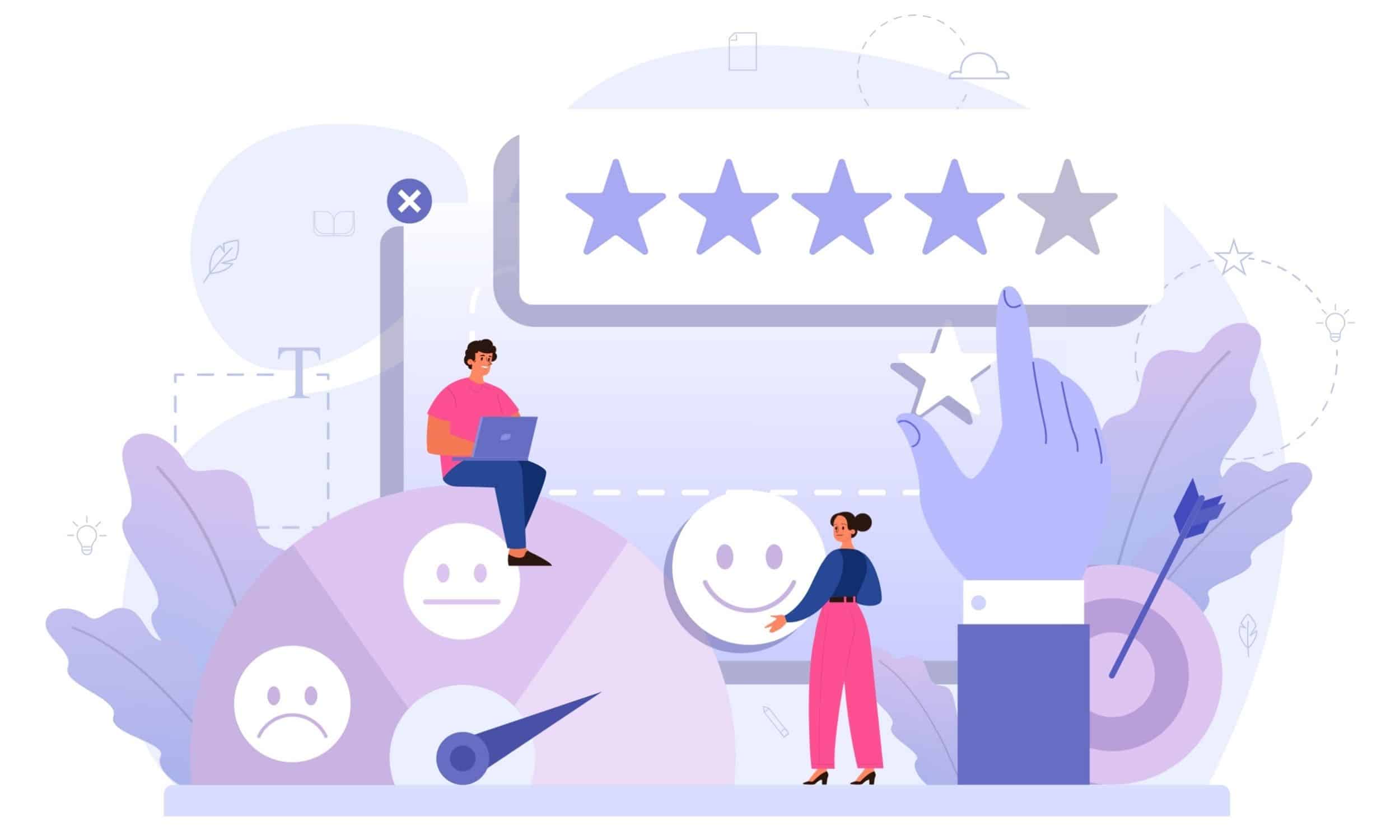 an illustration of two people looking at a customer review
