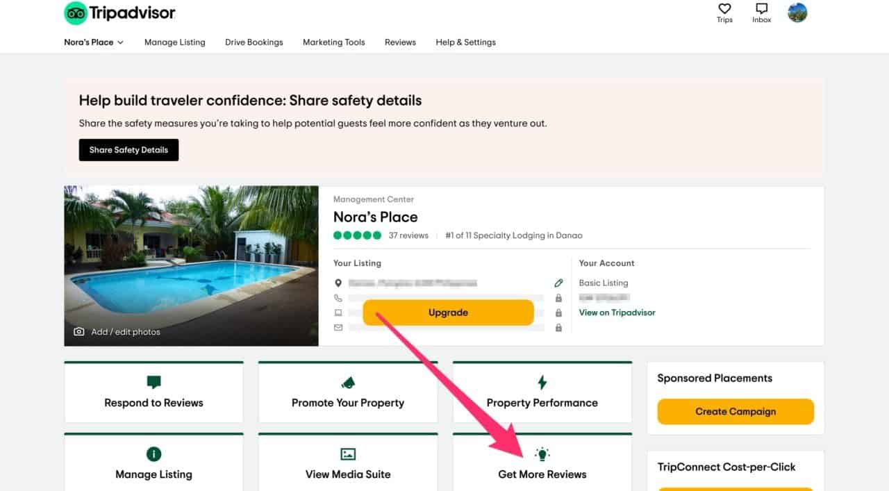 a screenshot of the get more reviews option in the tripadvisor management center