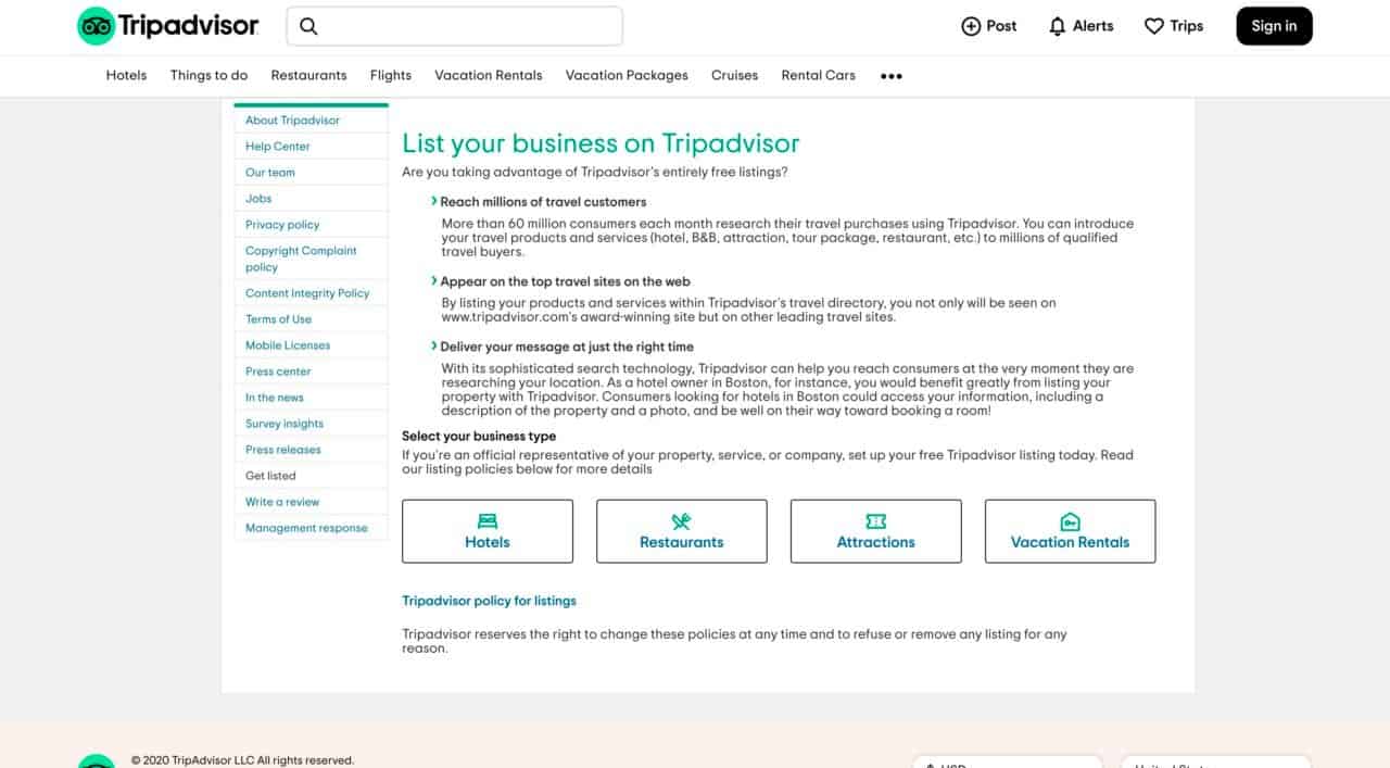 a screenshot of the alternate tripadvisor claim page