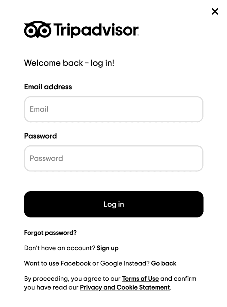 a screenshot of the tripadvisor login fields