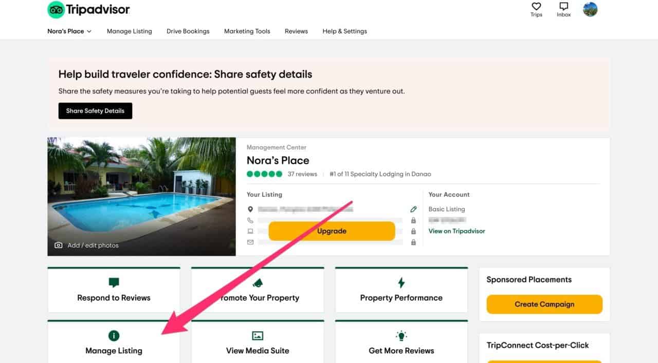 a screenshot of the tripadvisor manage listing option