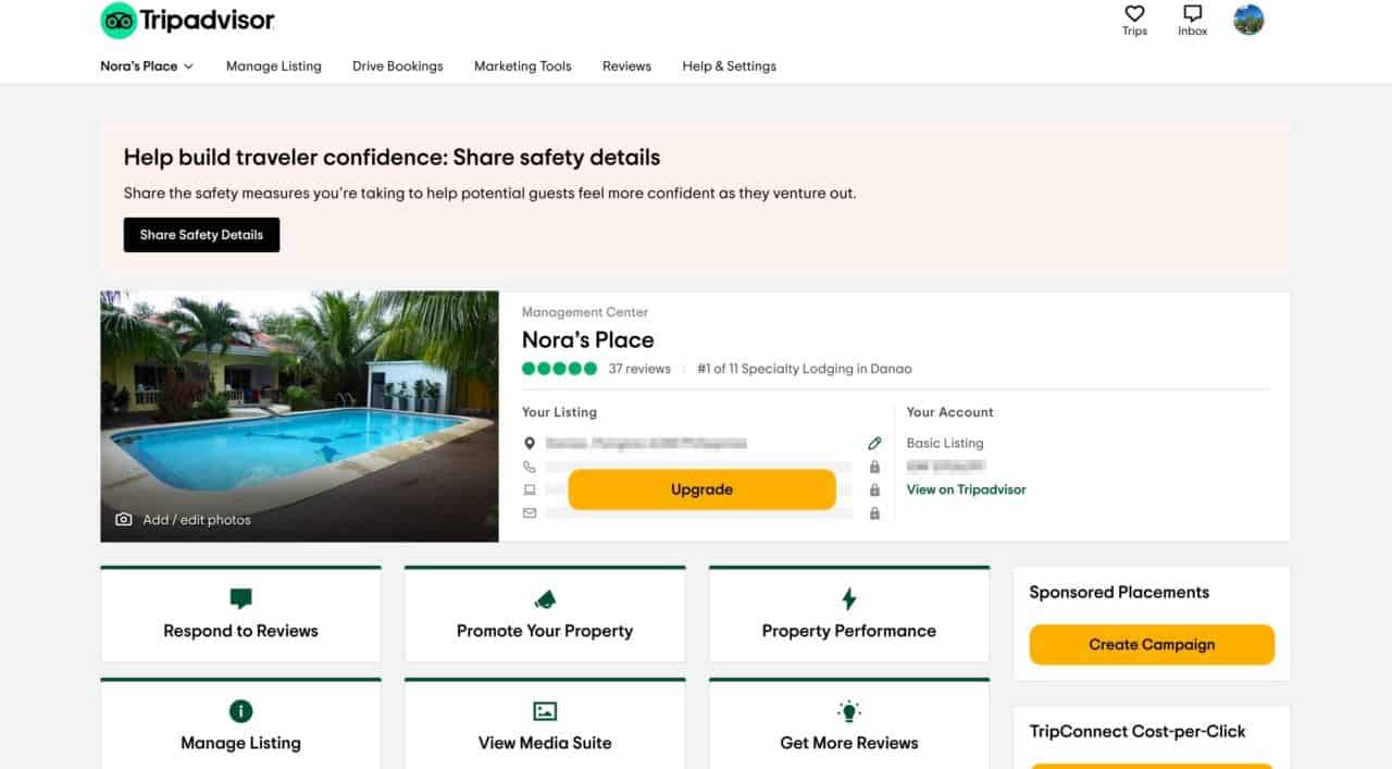 a screenshot of tripadvisor's management center 