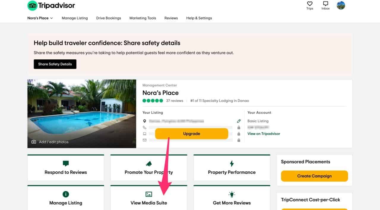a screenshot of the media suit option in the tripadvisor management center