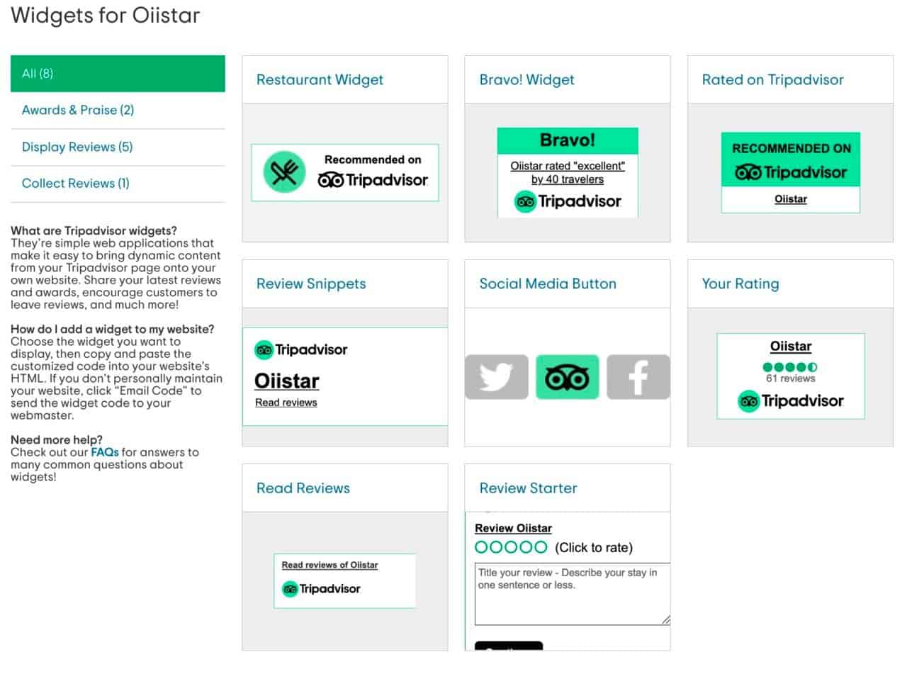 a screenshot of various tripadvisor widgets available to businesses f