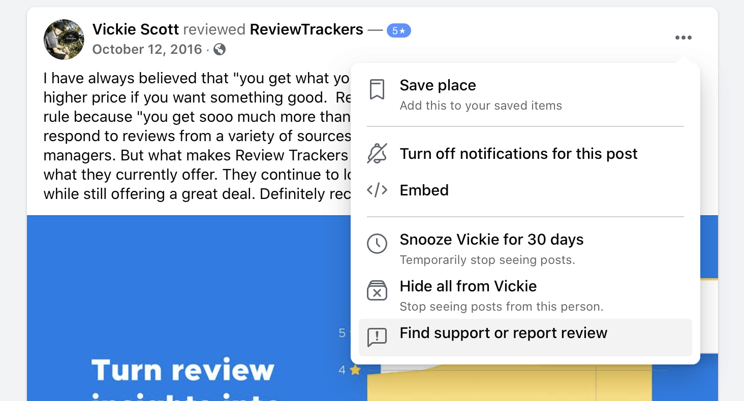 A screenshot of where and how to report a review on Facebook