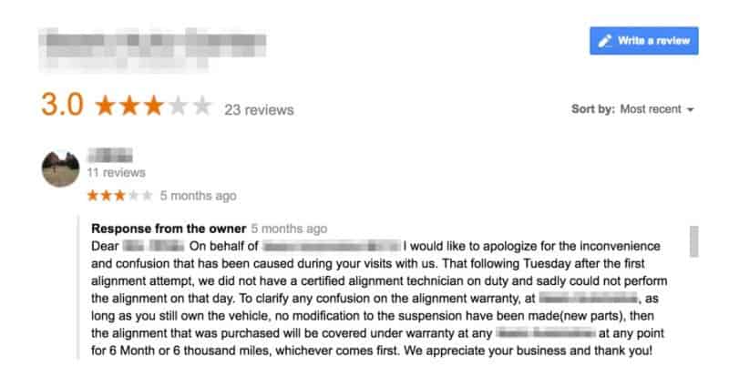 an image of an edited google review rating after a response from the business