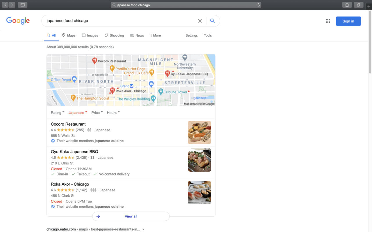 A screenshot of what Google Maps Pack search results look like