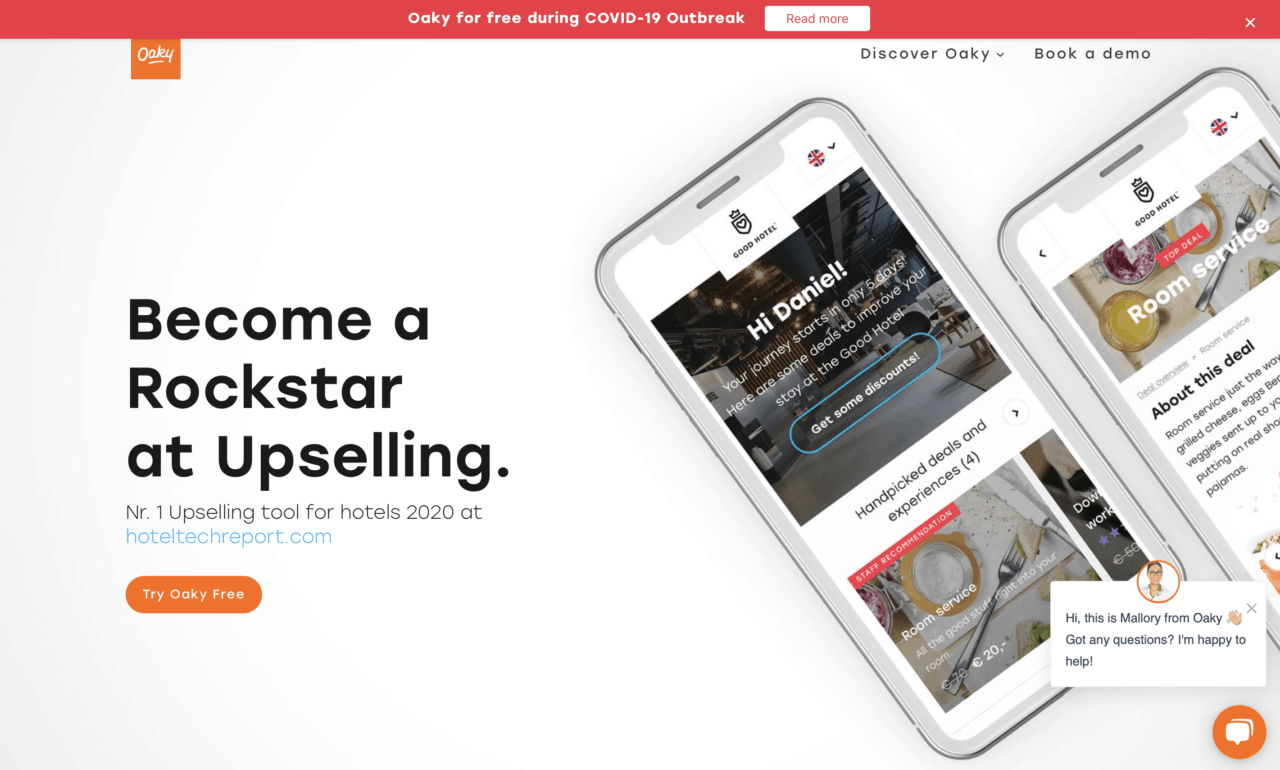 Screenshot of Oaky, a hospitality technology solution for upselling