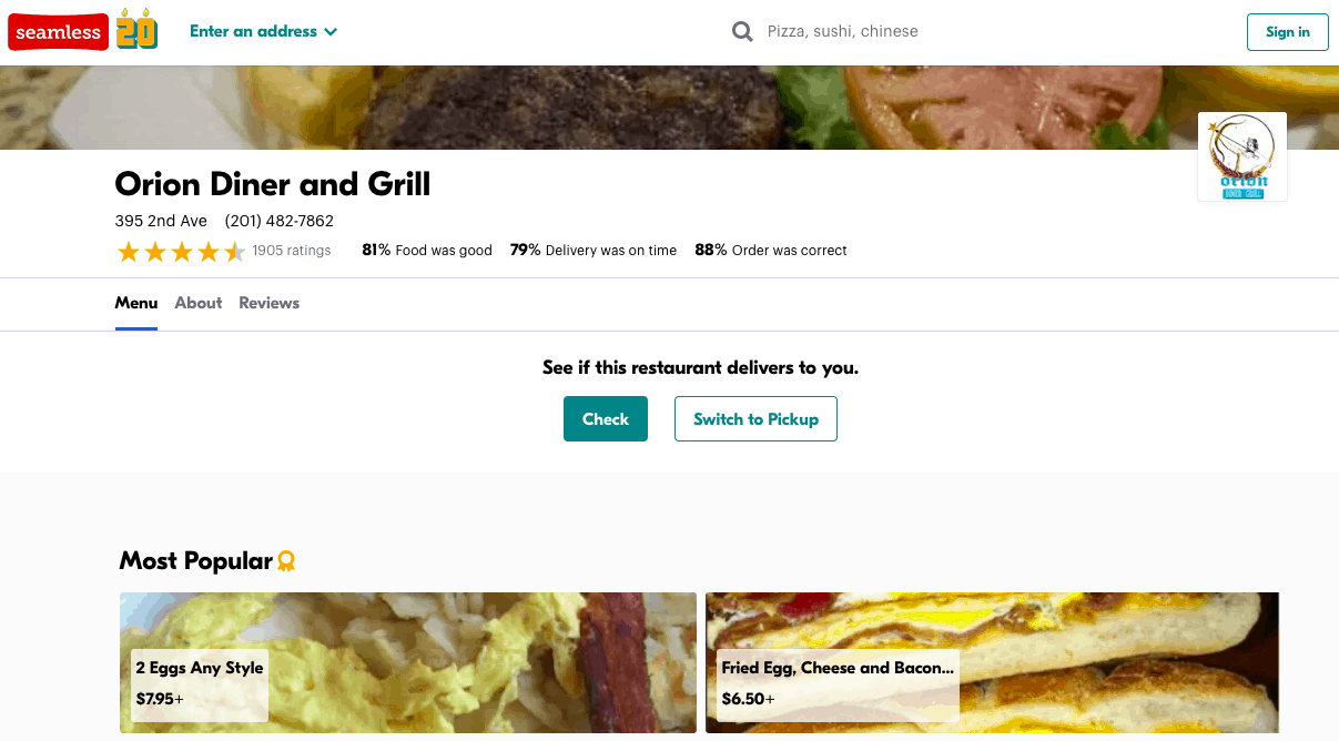 screenshot of seamless restaurant review site